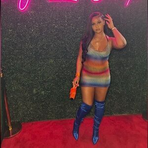 Colorful Gradient Mini Dress with Blue Boots